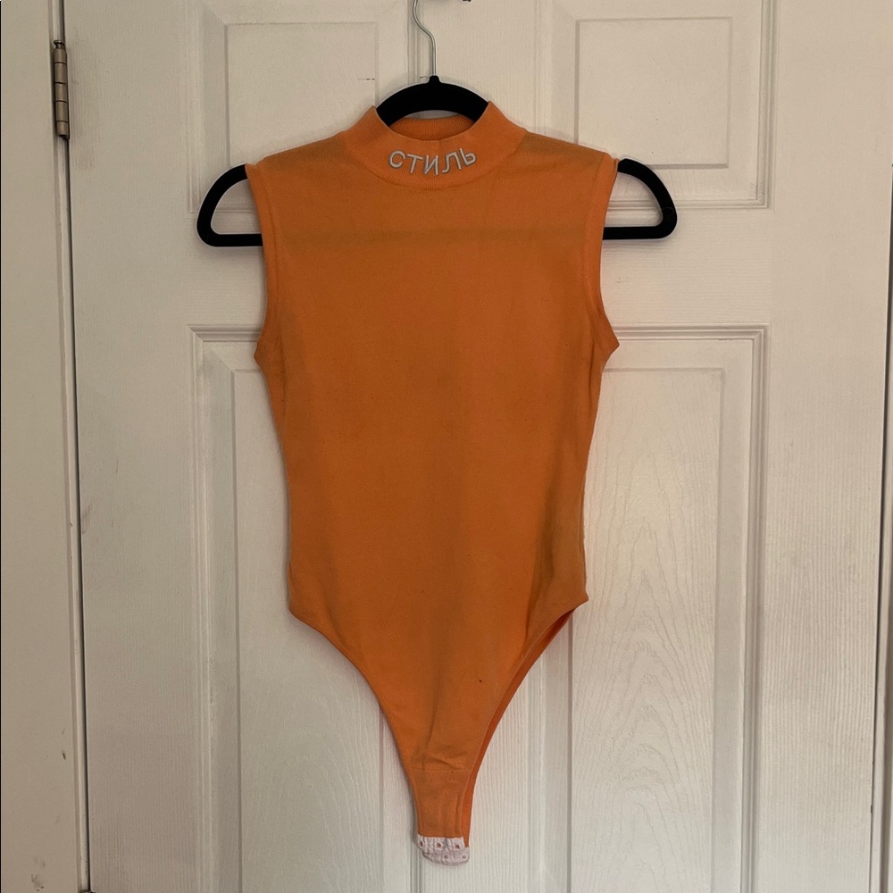 Heron Preston “style” orange bodysuit sleeveless mock neck